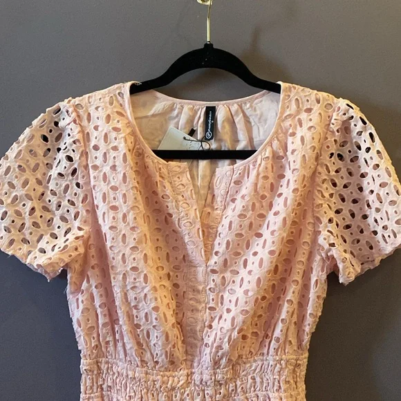 PRETTYGARDEN Short Dress V Neck Short Sleeve A Line Hollow Out Lace Ruffle Dress - Picture 11 of 14